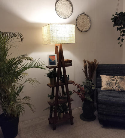 Alpine Wooden Floor Lamp with Brown Base and Jute Fabric Lampshade