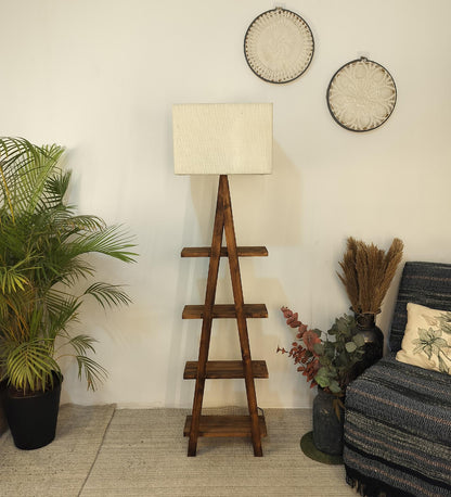 Alpine Wooden Floor Lamp with Brown Base and Jute Fabric Lampshade