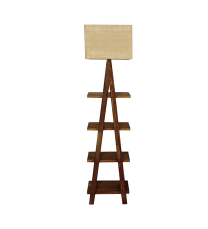 Alpine Wooden Floor Lamp with Brown Base and Jute Fabric Lampshade