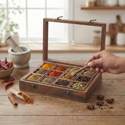 Woodfit Grand 12-Compartment Solid Sheesham Wood Masala Box with Glass Top and Wooden Spoon