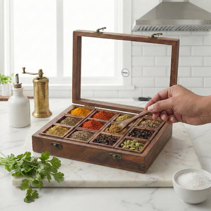 Woodfit Grand 12-Compartment Solid Sheesham Wood Masala Box with Glass Top and Wooden Spoon