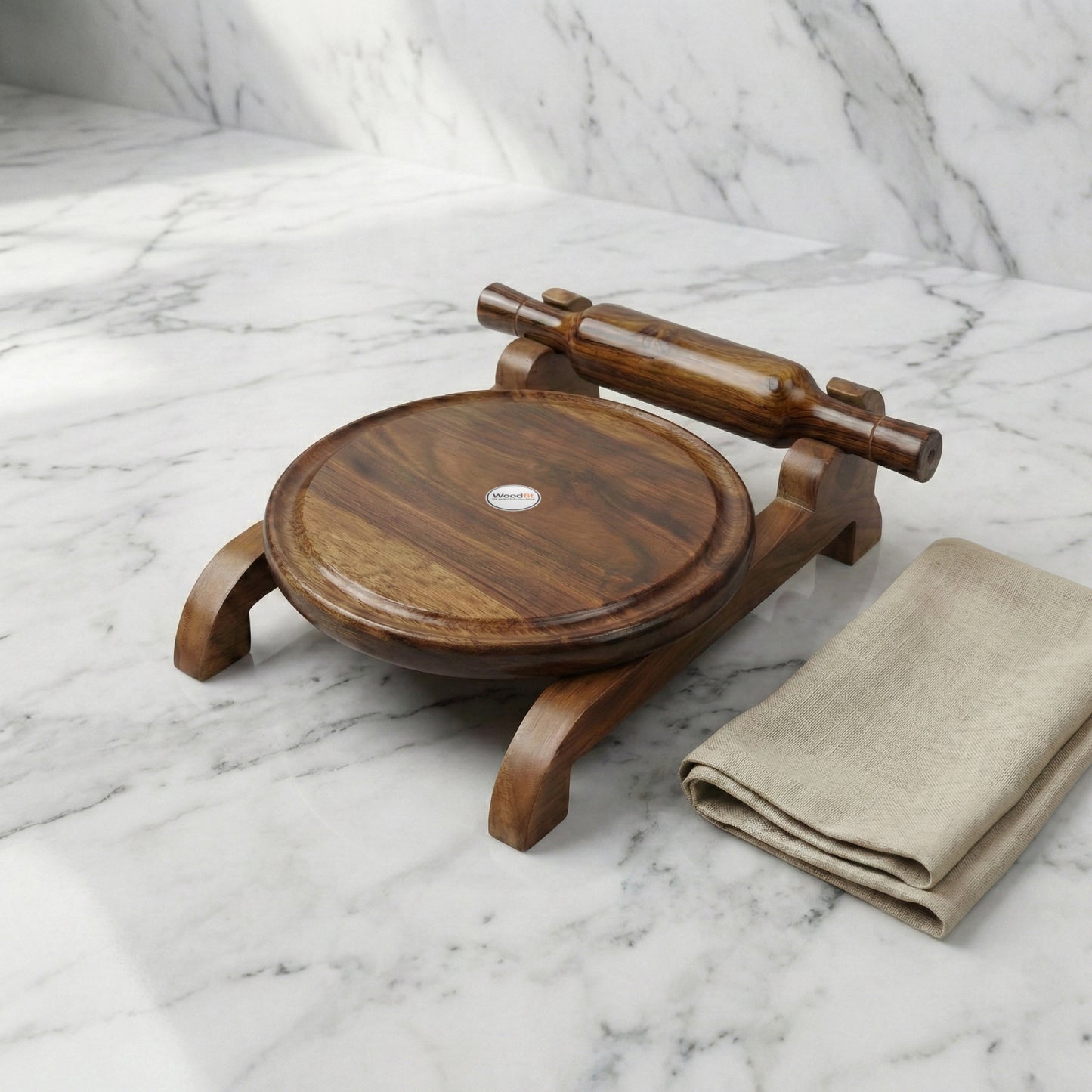 Woodfit Handcrafted Solid Sheesham Wood Chakla Belan Set with Integrated Storage Stand