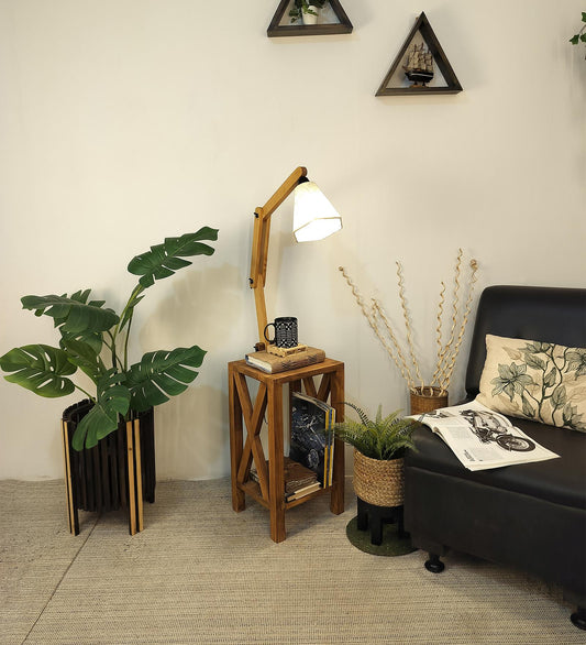 Zest Wooden Floor Lamp with Brown Base and Jute Fabric Lampshade