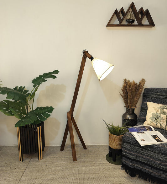 Halo Wooden Floor Lamp with Brown Base and Beige Fabric Lampshade