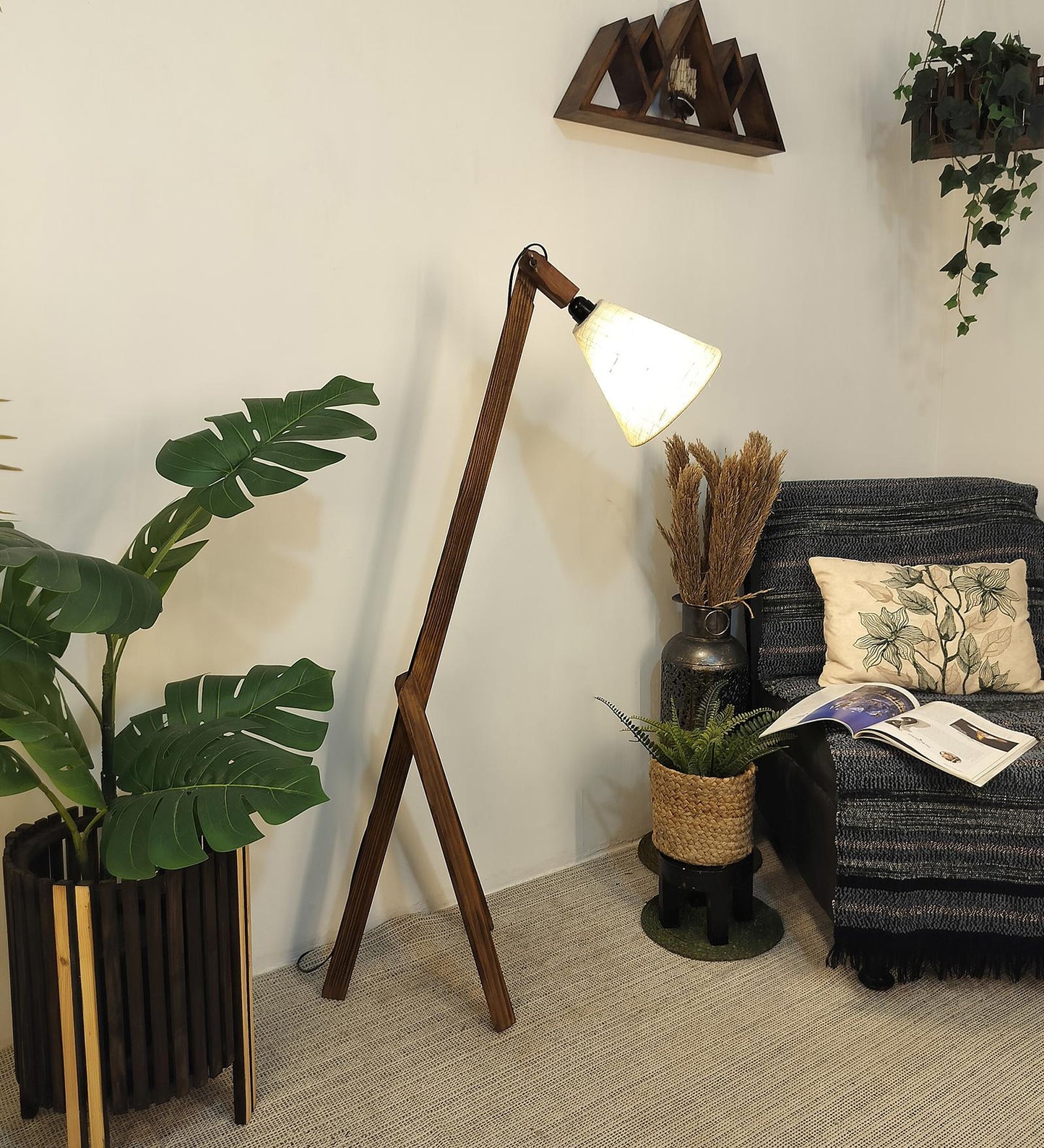 Halo Wooden Floor Lamp with Brown Base and Beige Fabric Lampshade