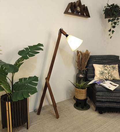 Halo Wooden Floor Lamp with Brown Base and Beige Fabric Lampshade