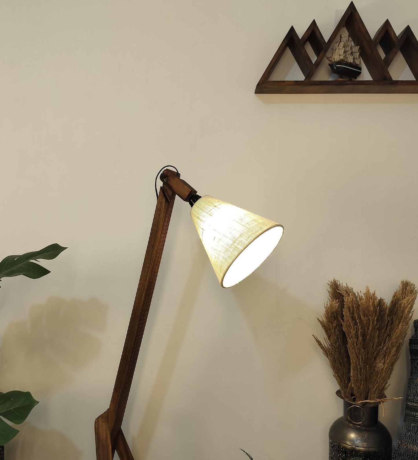 Halo Wooden Floor Lamp with Brown Base and Beige Fabric Lampshade