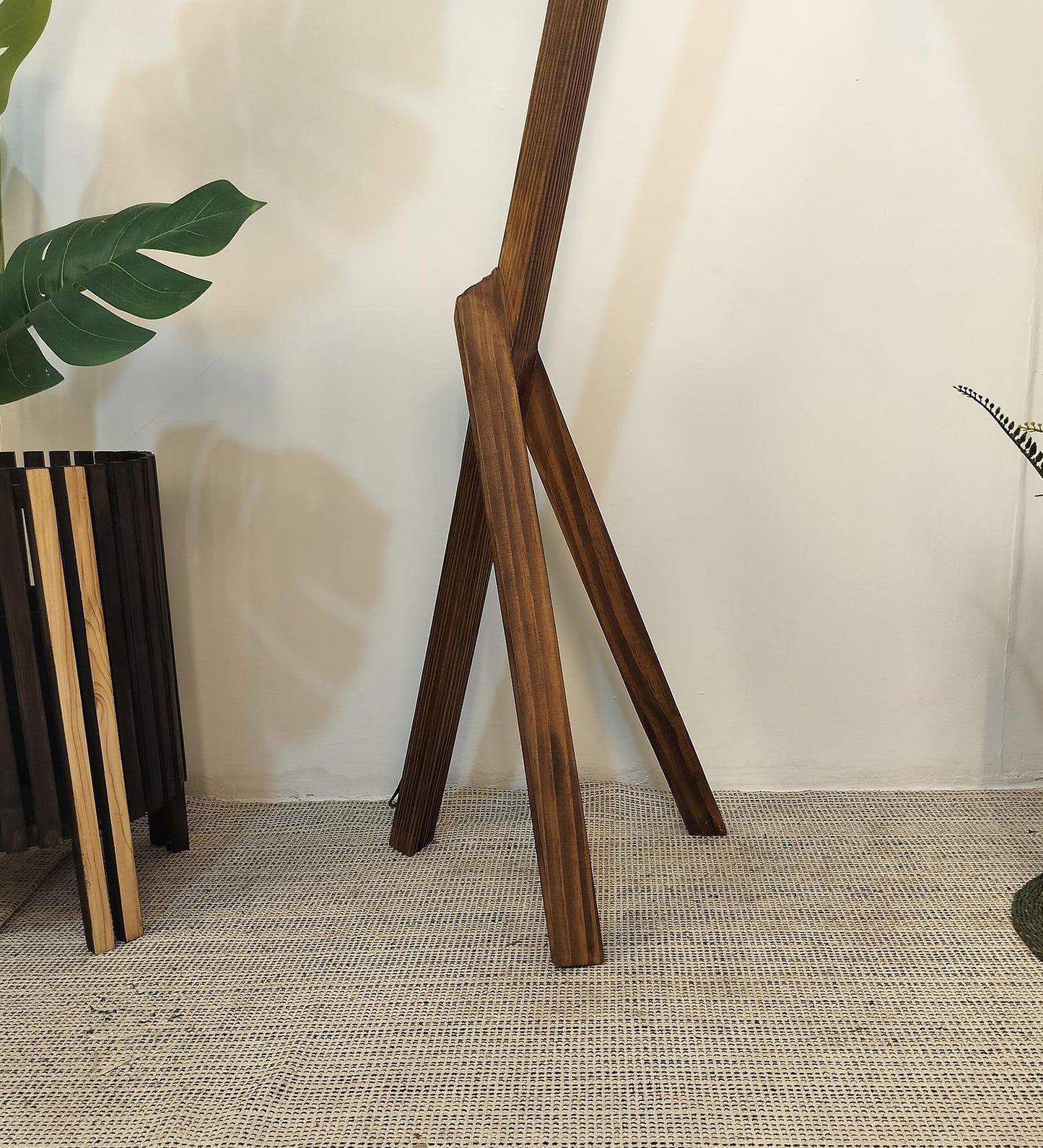 Halo Wooden Floor Lamp with Brown Base and Beige Fabric Lampshade