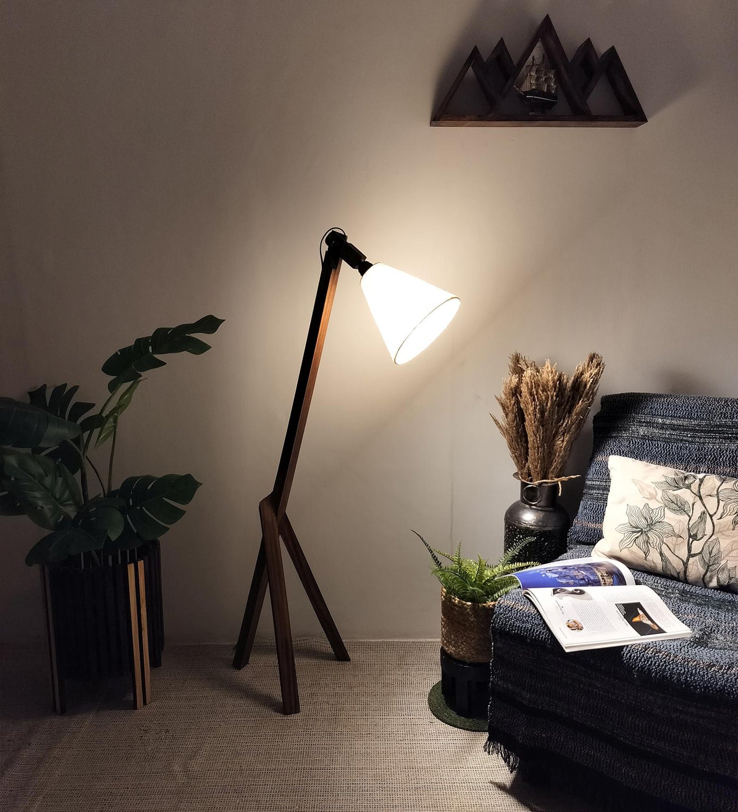 Halo Wooden Floor Lamp with Brown Base and Beige Fabric Lampshade