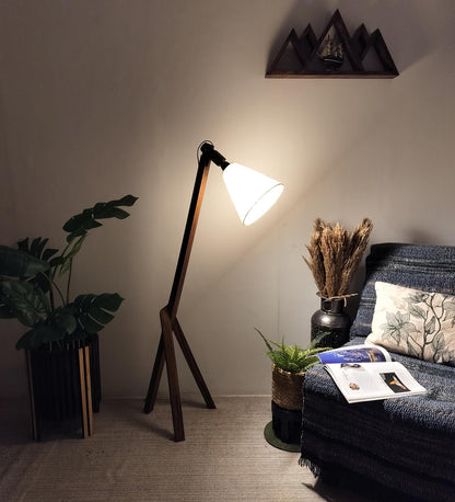 Halo Wooden Floor Lamp with Brown Base and Beige Fabric Lampshade