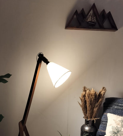 Halo Wooden Floor Lamp with Brown Base and Beige Fabric Lampshade