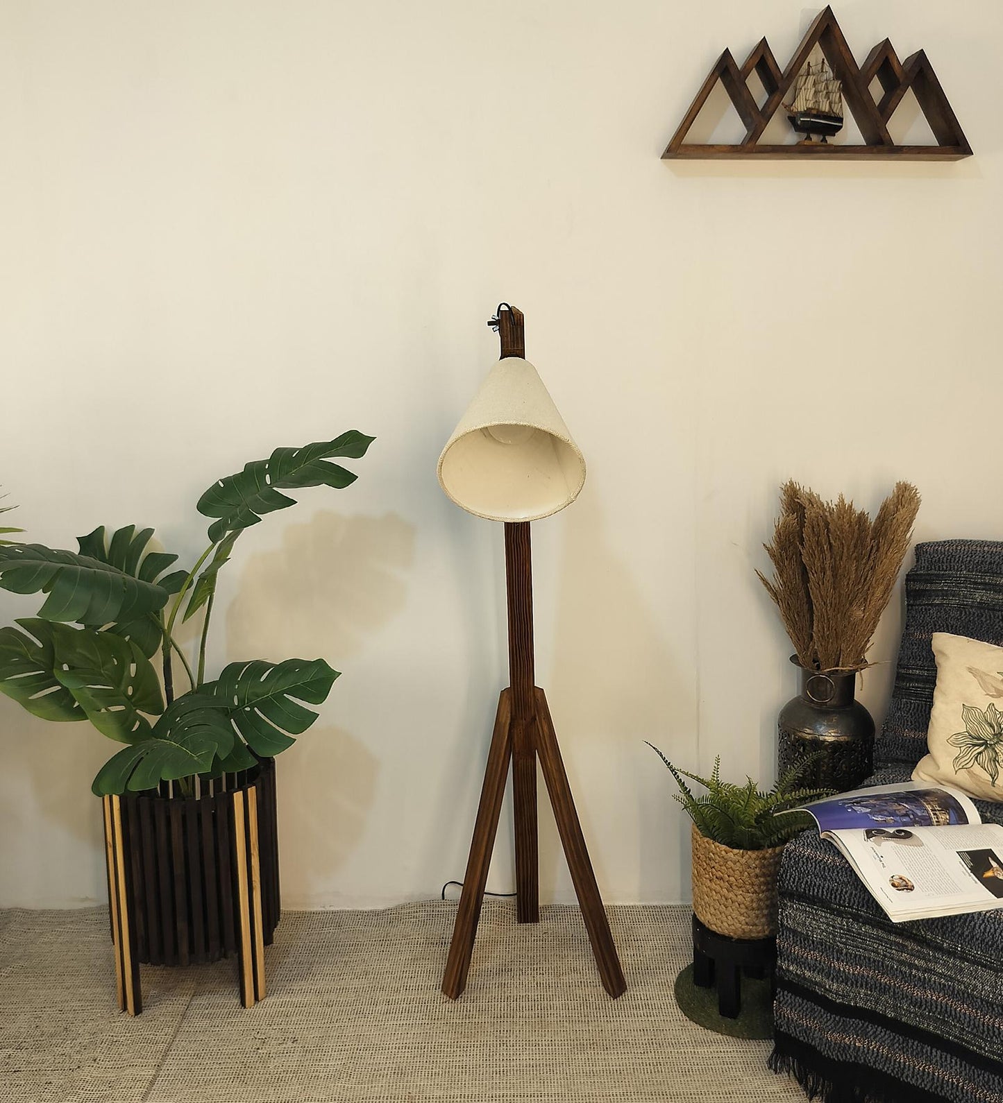 Halo Wooden Floor Lamp with Brown Base and Beige Fabric Lampshade