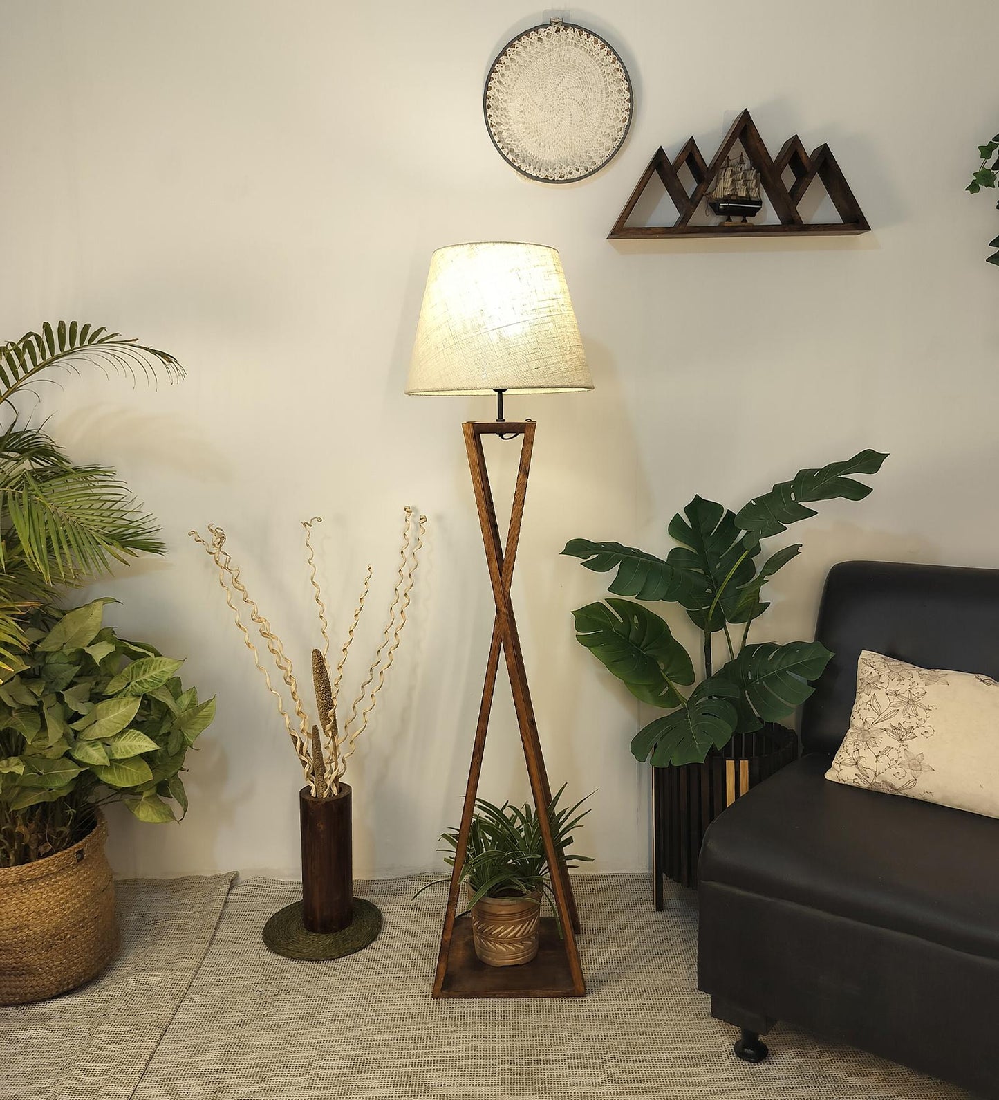Watch Wooden Floor Lamp with Premium Beige Fabric Lampshade