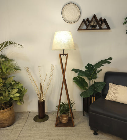 Watch Wooden Floor Lamp with Premium Beige Fabric Lampshade