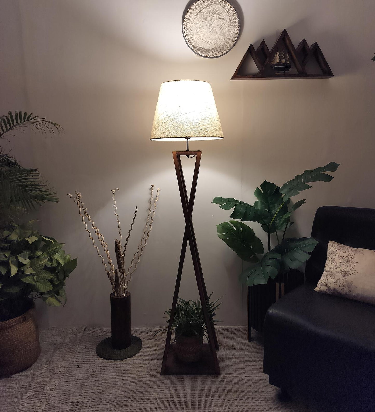 Watch Wooden Floor Lamp with Premium Beige Fabric Lampshade