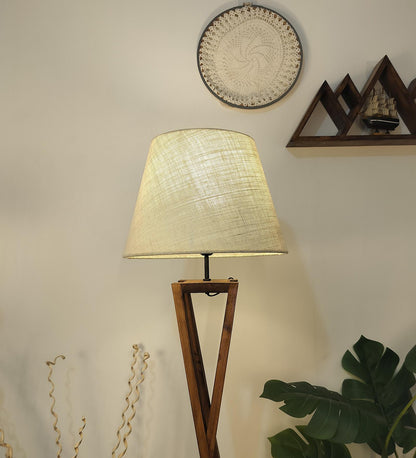Watch Wooden Floor Lamp with Premium Beige Fabric Lampshade