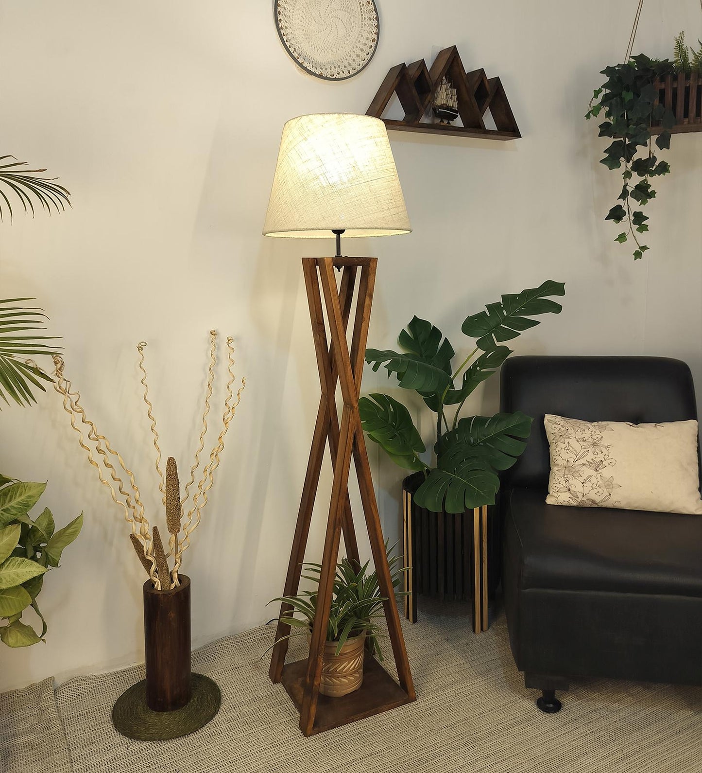 Watch Wooden Floor Lamp with Premium Beige Fabric Lampshade