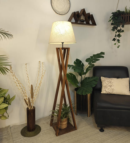 Watch Wooden Floor Lamp with Premium Beige Fabric Lampshade