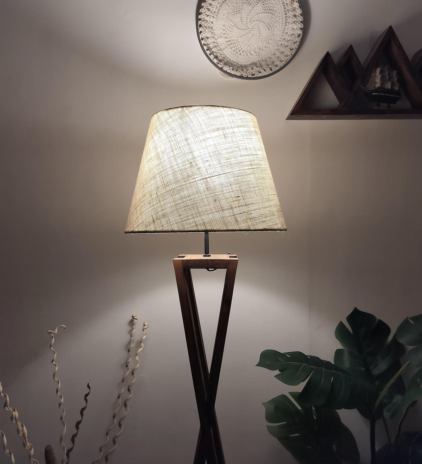 Watch Wooden Floor Lamp with Premium Beige Fabric Lampshade
