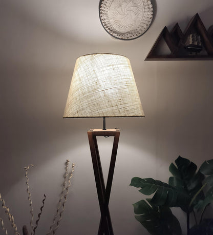 Watch Wooden Floor Lamp with Premium Beige Fabric Lampshade