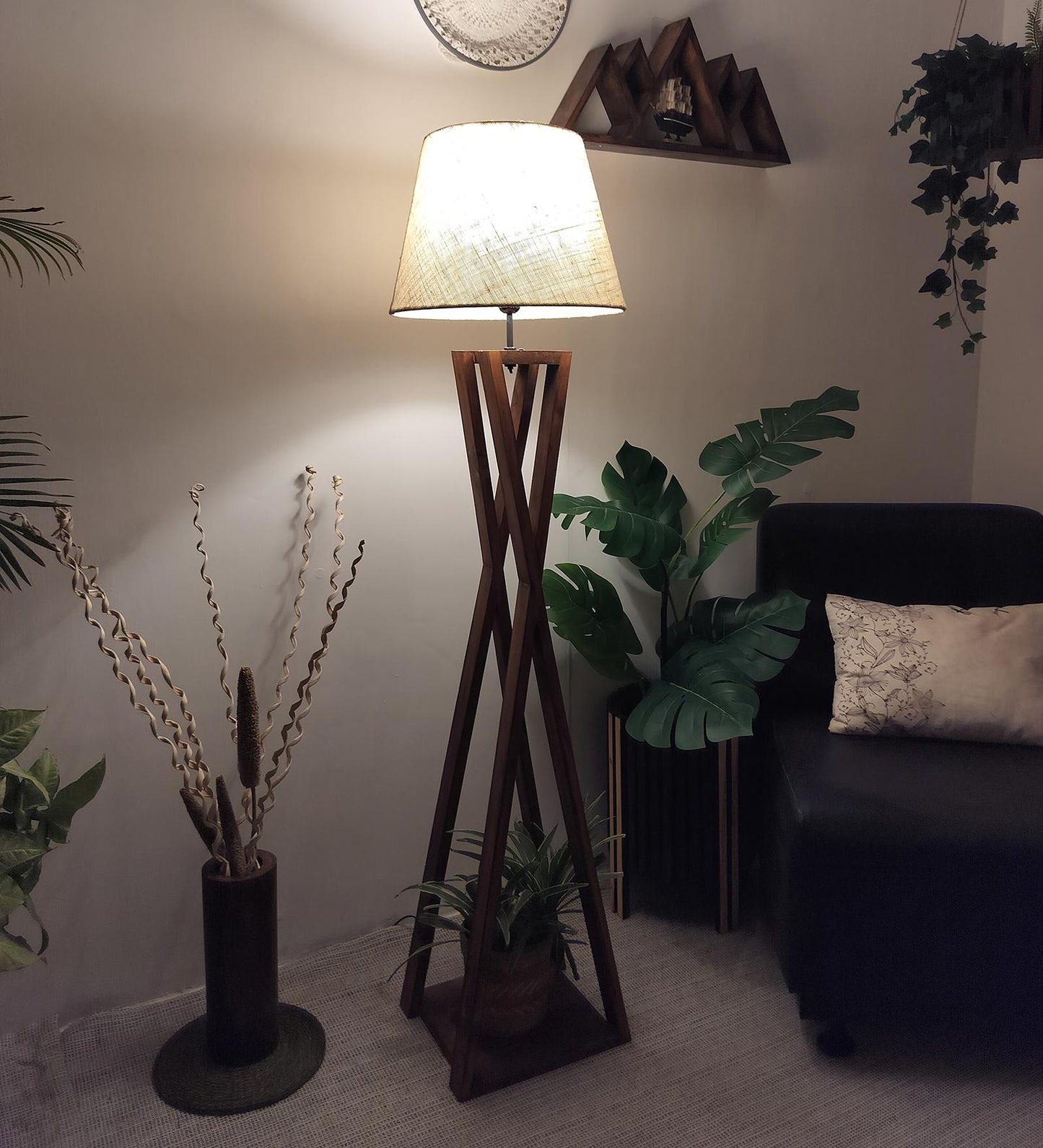 Watch Wooden Floor Lamp with Premium Beige Fabric Lampshade