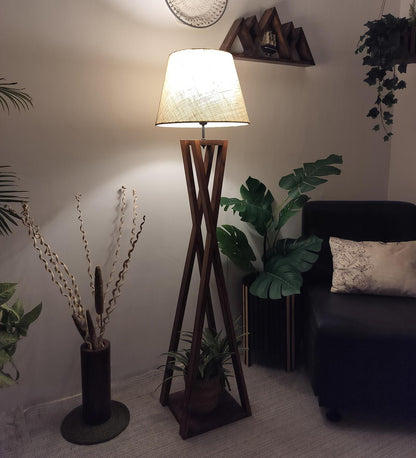 Watch Wooden Floor Lamp with Premium Beige Fabric Lampshade