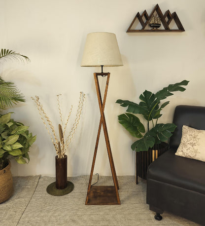 Watch Wooden Floor Lamp with Premium Beige Fabric Lampshade