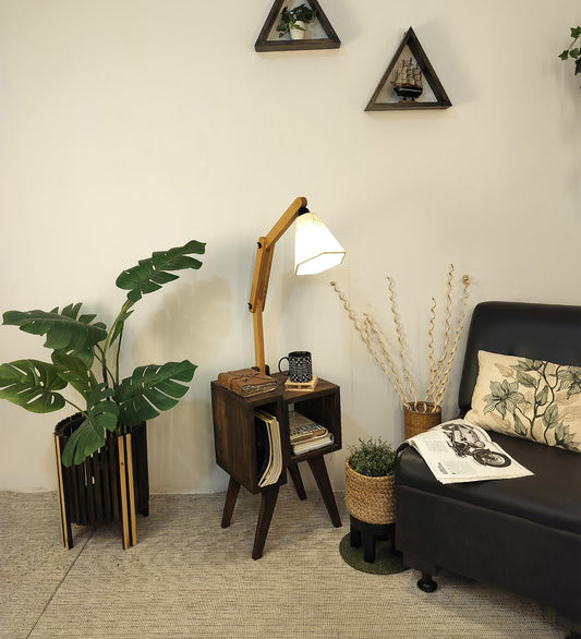 Relief Wooden Floor Lamp with Brown Base and Jute Fabric Lampshade