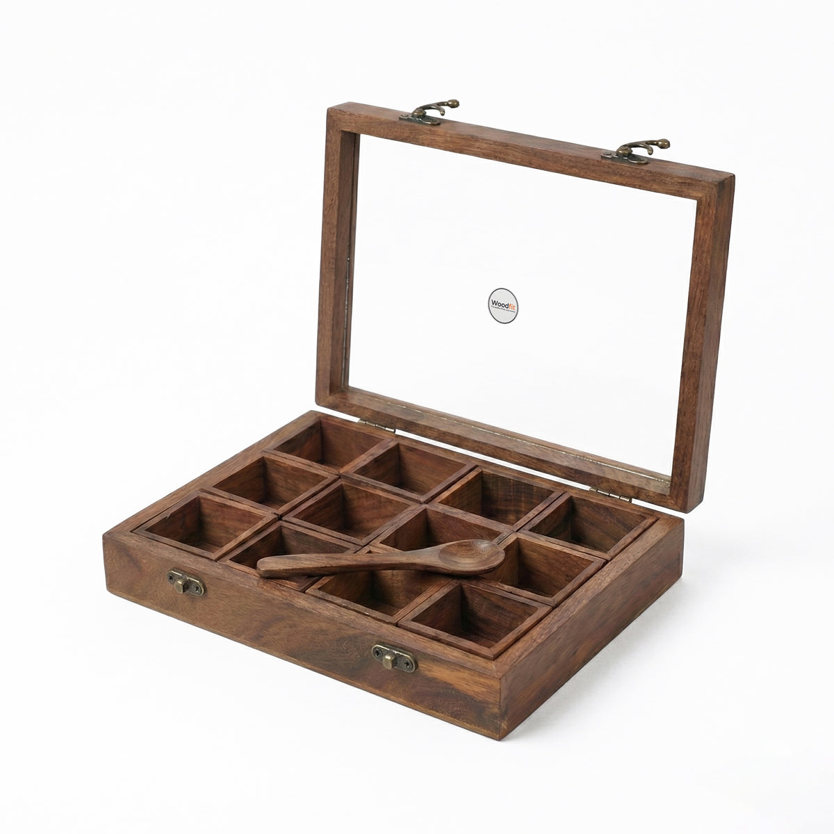 Woodfit Grand 12-Compartment Solid Sheesham Wood Masala Box with Glass Top and Wooden Spoon