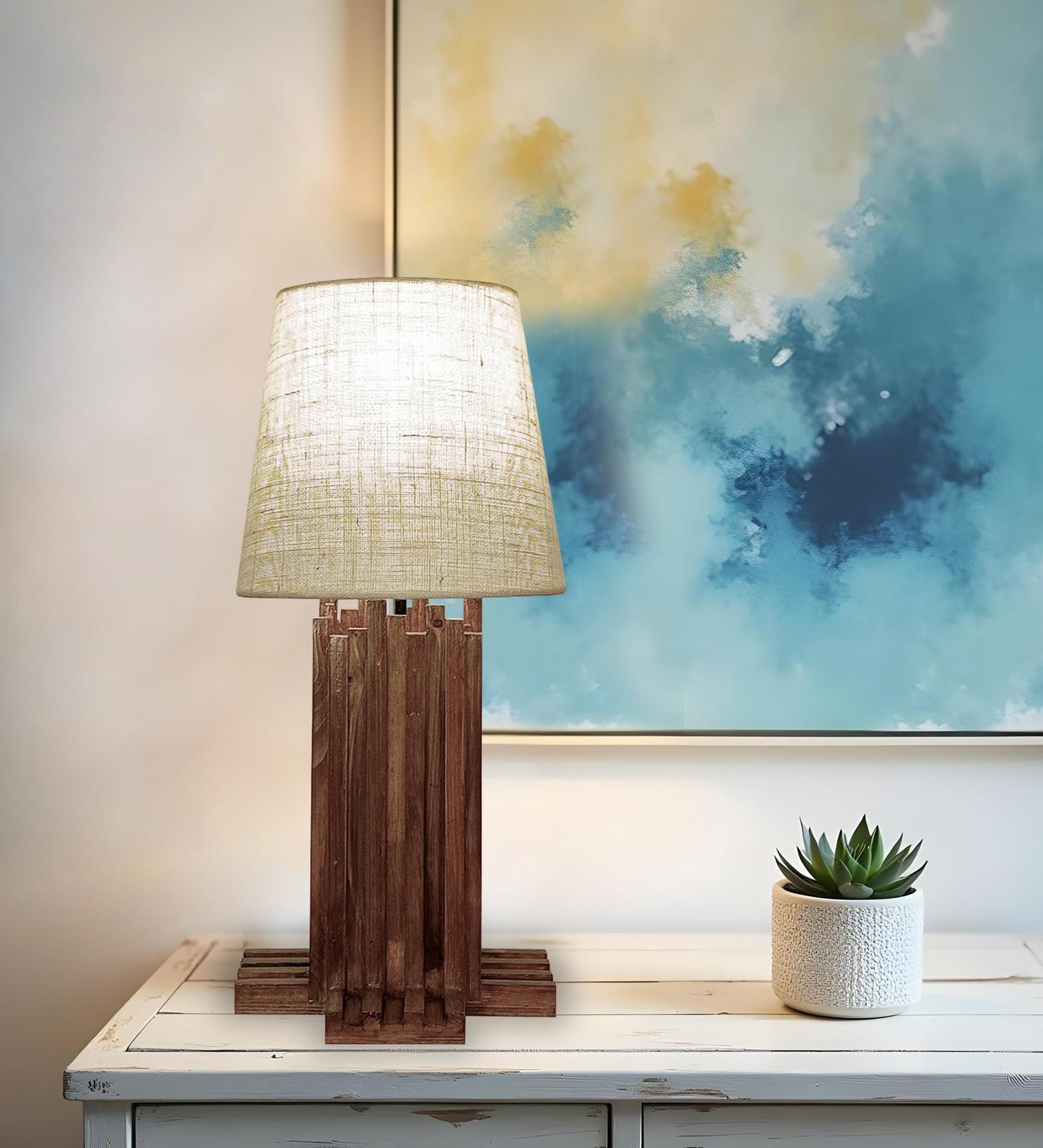Swim Brown Wooden Table Lamp with Jute Lampshade