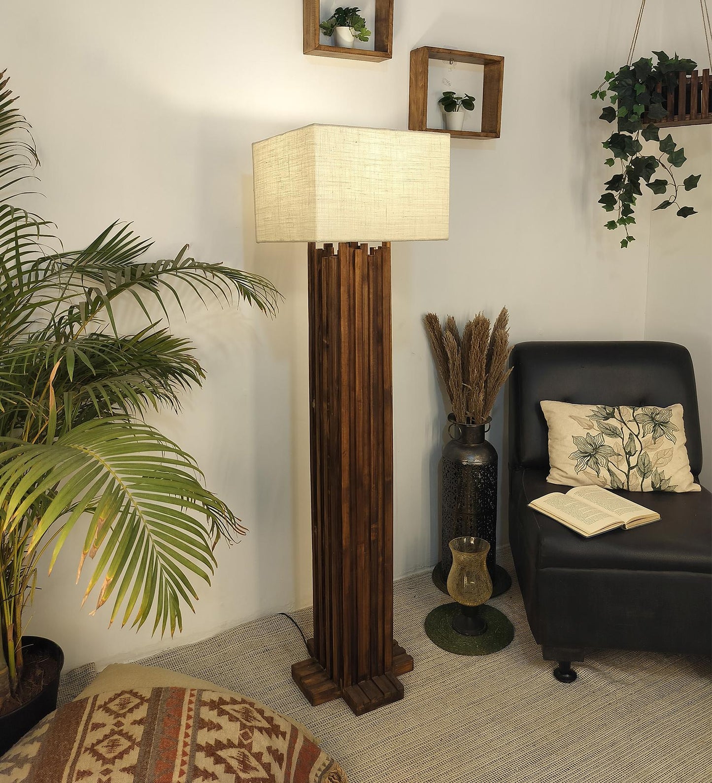 Swim Wooden Floor Lamp with Premium Beige Fabric Lampshade