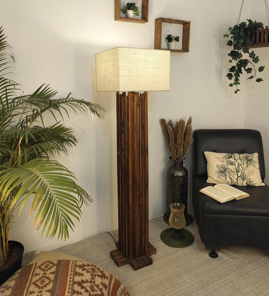 Swim Wooden Floor Lamp with Premium Beige Fabric Lampshade
