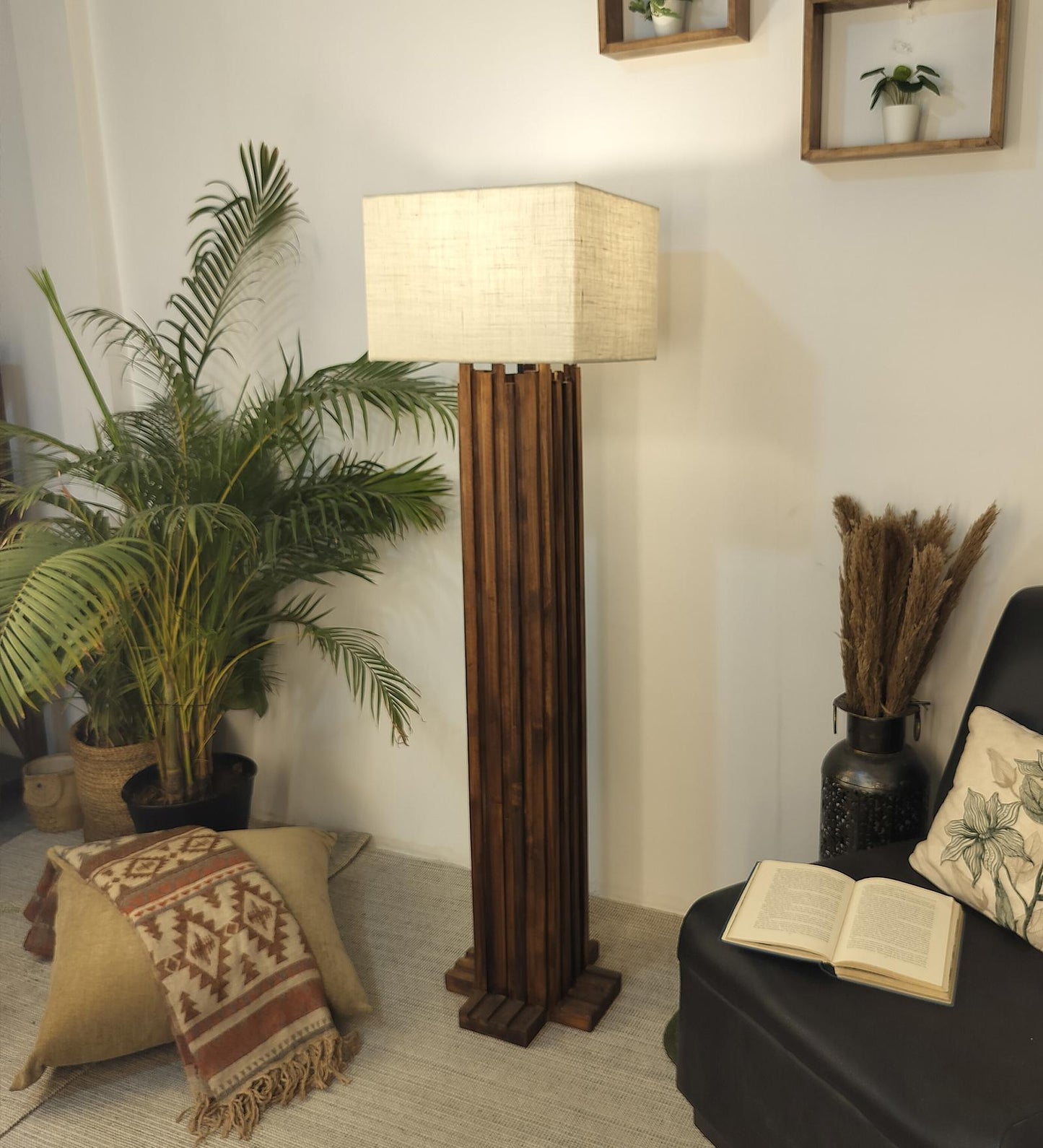 Swim Wooden Floor Lamp with Premium Beige Fabric Lampshade