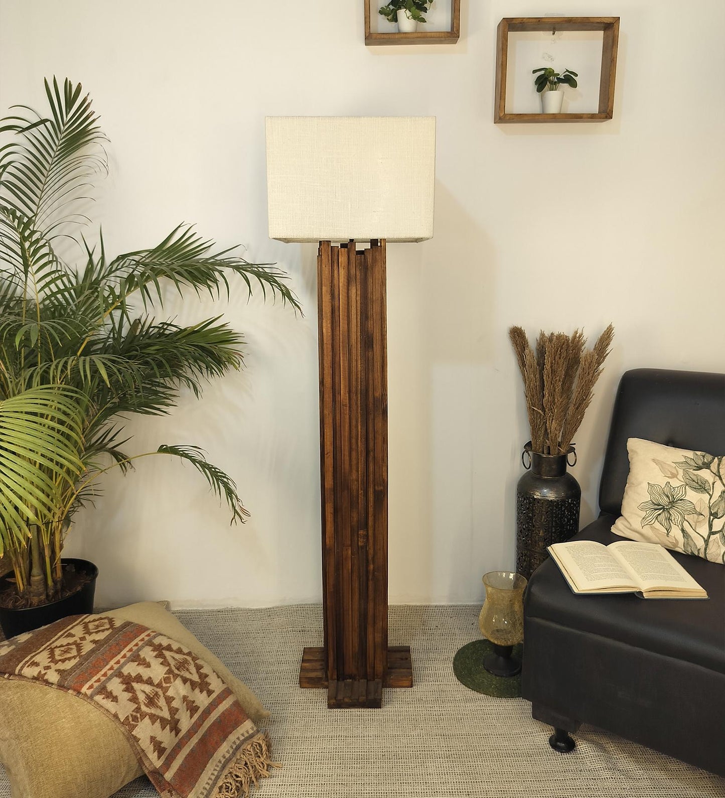 Swim Wooden Floor Lamp with Premium Beige Fabric Lampshade