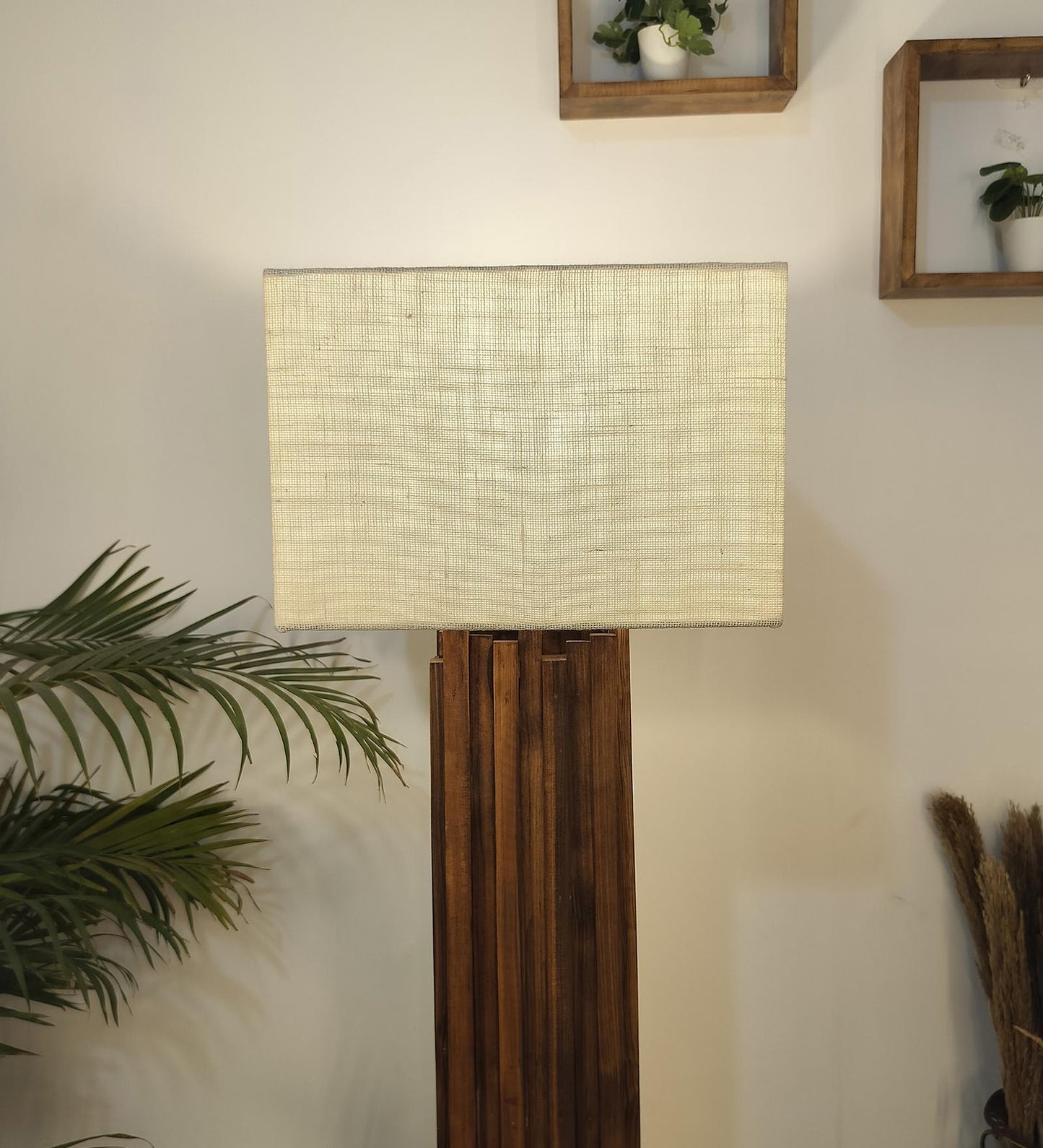 Swim Wooden Floor Lamp with Premium Beige Fabric Lampshade