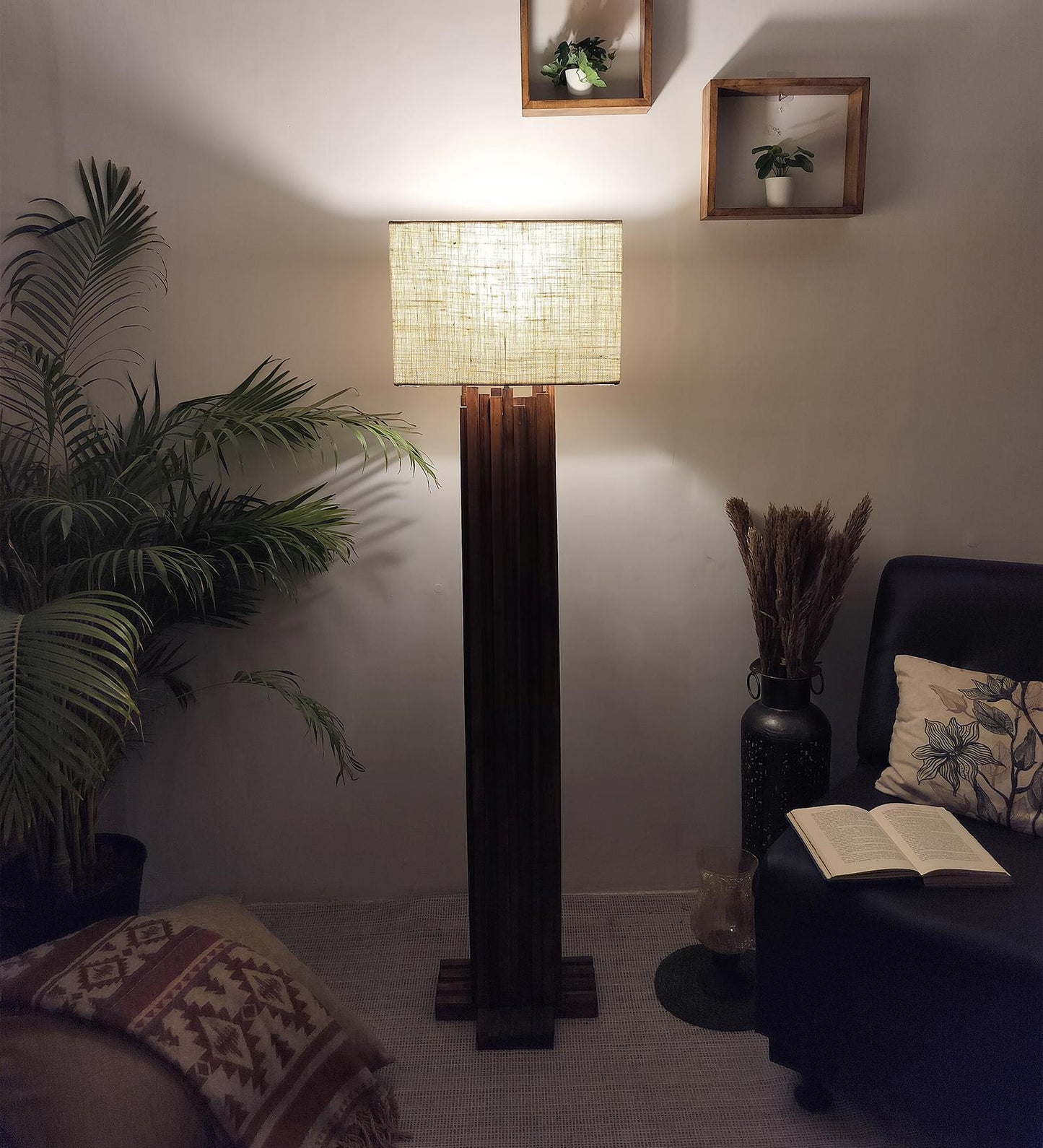 Swim Wooden Floor Lamp with Premium Beige Fabric Lampshade