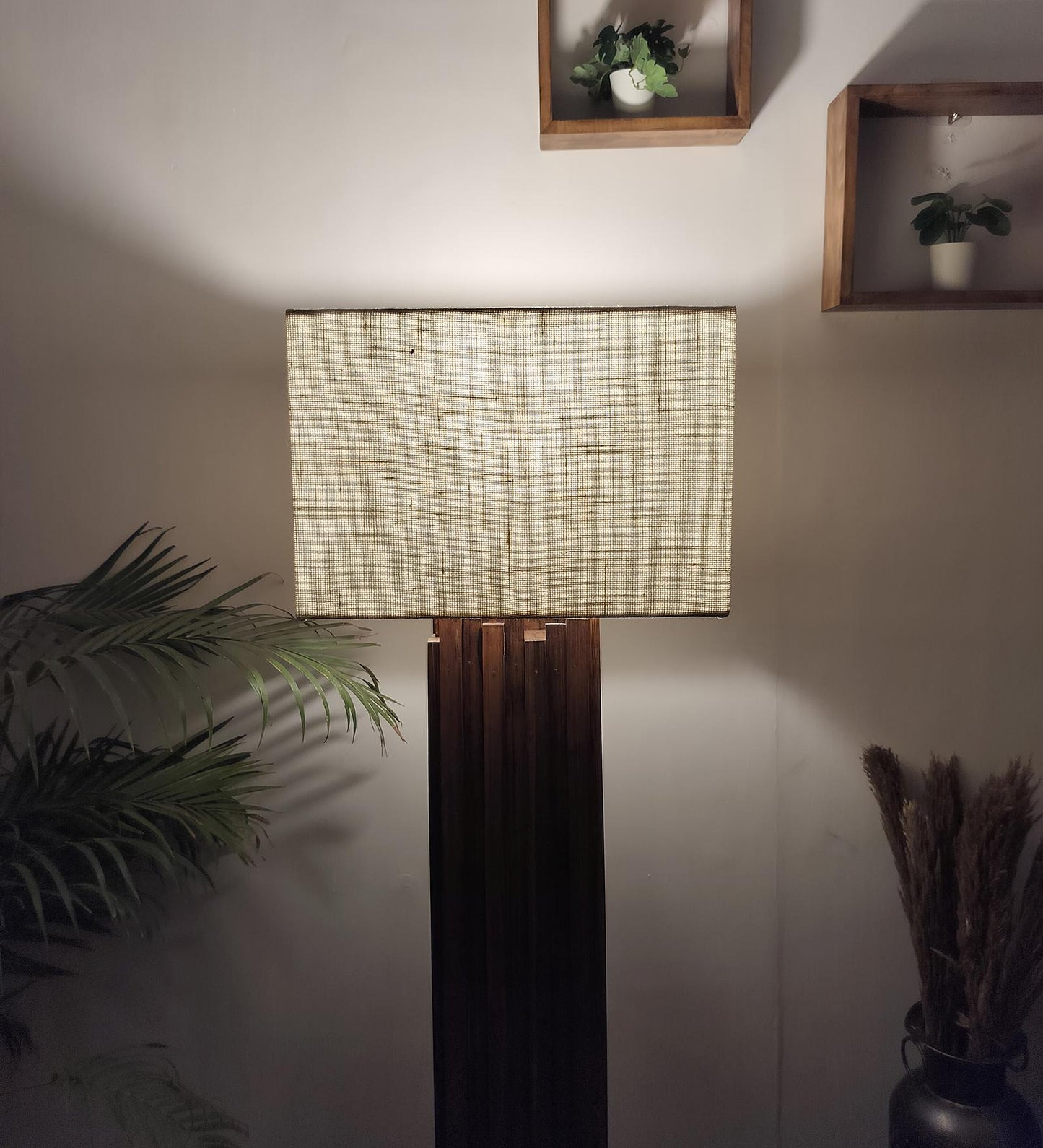 Swim Wooden Floor Lamp with Premium Beige Fabric Lampshade