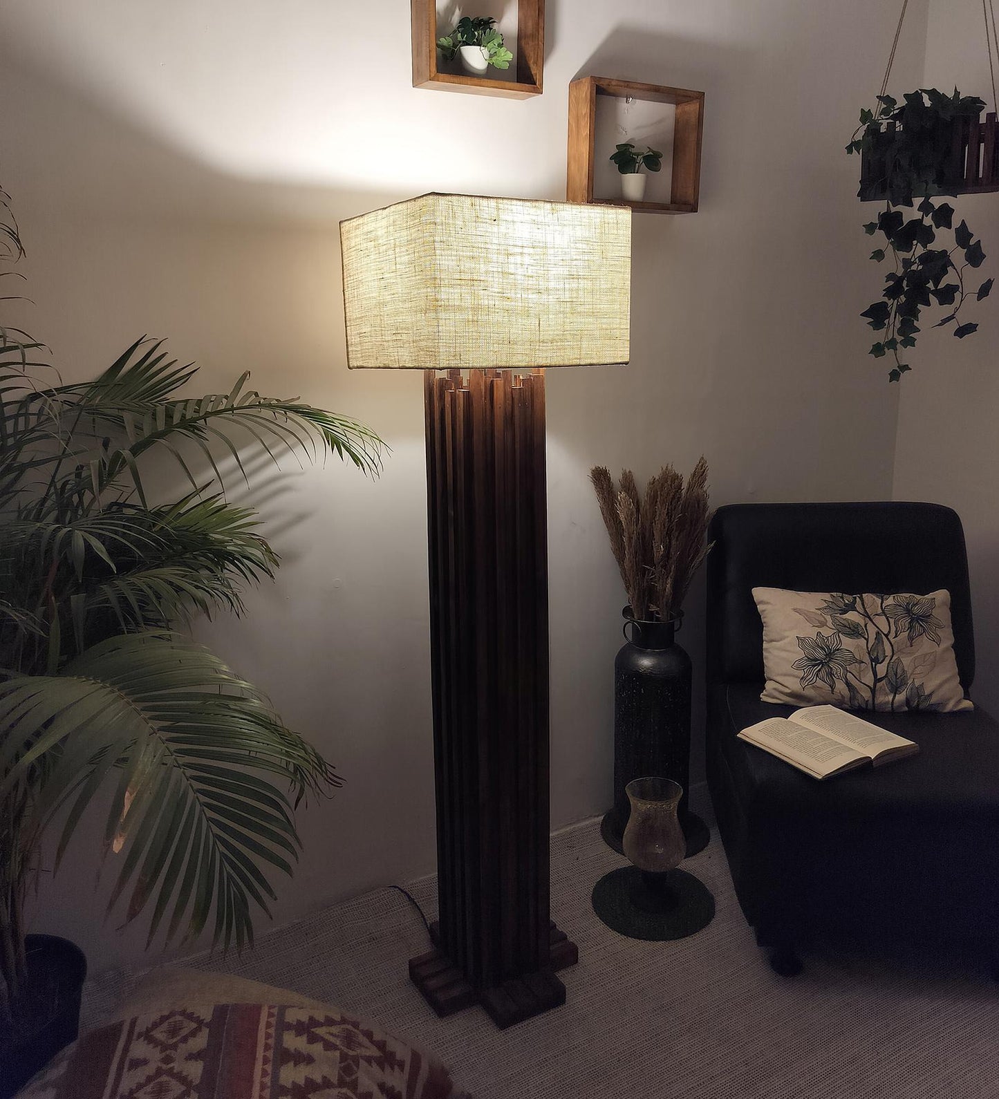 Swim Wooden Floor Lamp with Premium Beige Fabric Lampshade