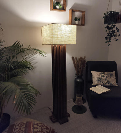 Swim Wooden Floor Lamp with Premium Beige Fabric Lampshade
