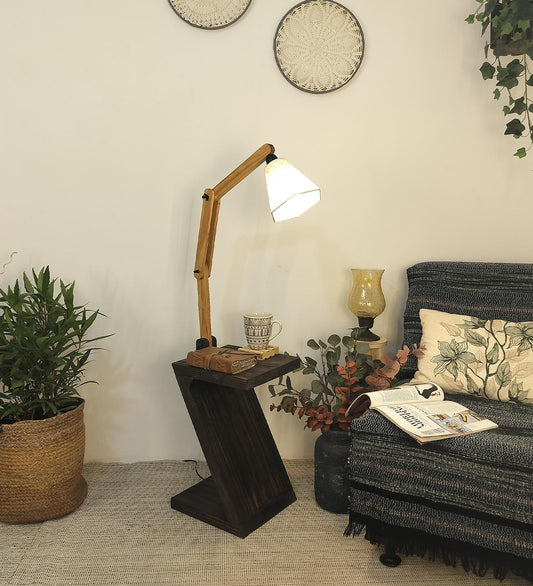 Have Wooden Floor Lamp with Brown Base and Jute Fabric Lampshade