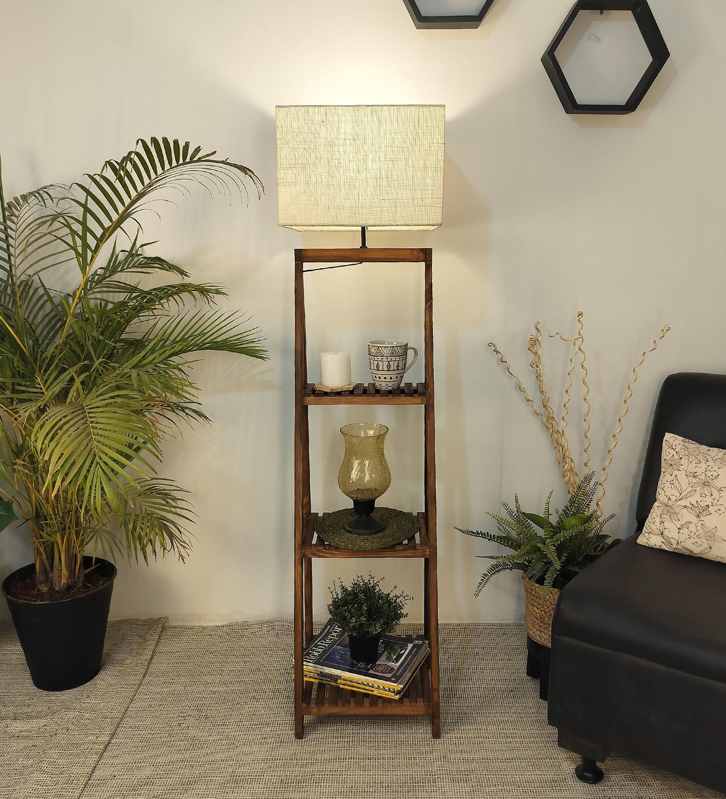 Cold Wooden Floor Lamp with Brown Base and Jute Fabric Lampshade