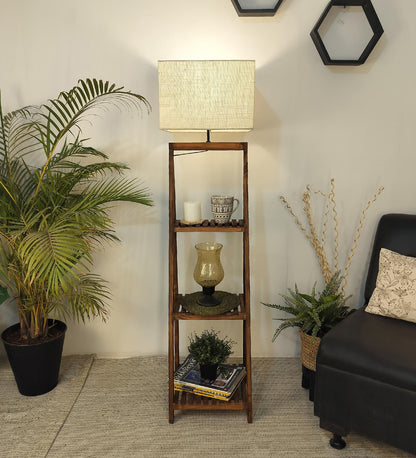 Cold Wooden Floor Lamp with Brown Base and Jute Fabric Lampshade