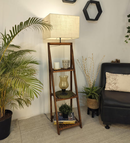 Cold Wooden Floor Lamp with Brown Base and Jute Fabric Lampshade