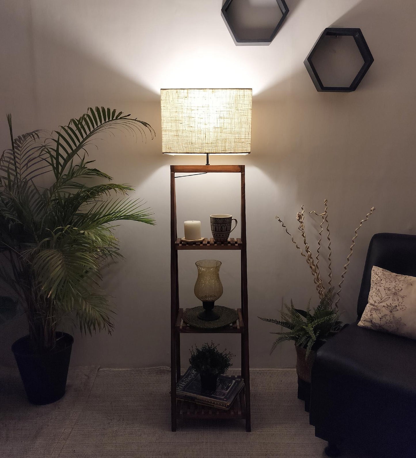 Cold Wooden Floor Lamp with Brown Base and Jute Fabric Lampshade