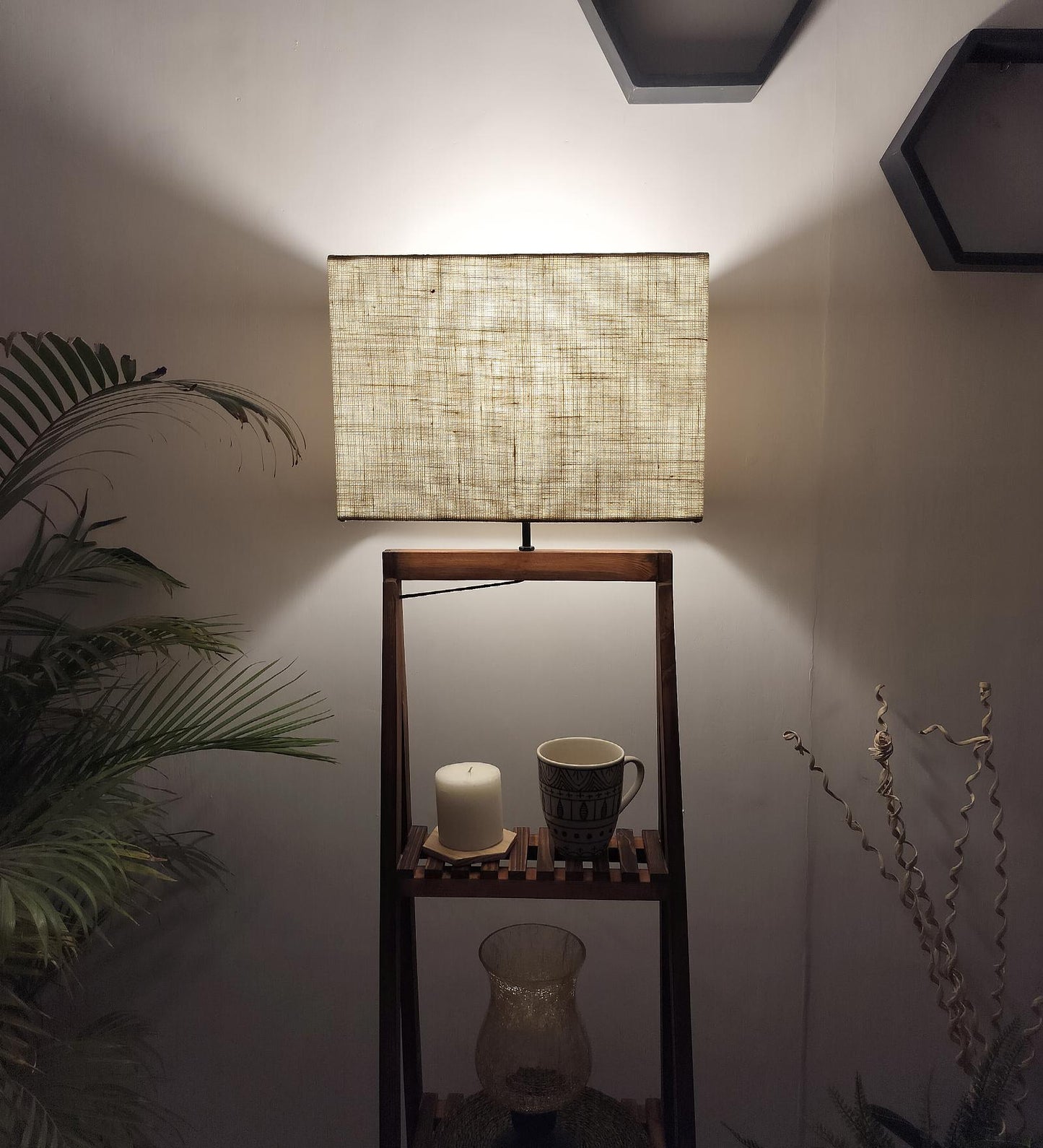 Cold Wooden Floor Lamp with Brown Base and Jute Fabric Lampshade