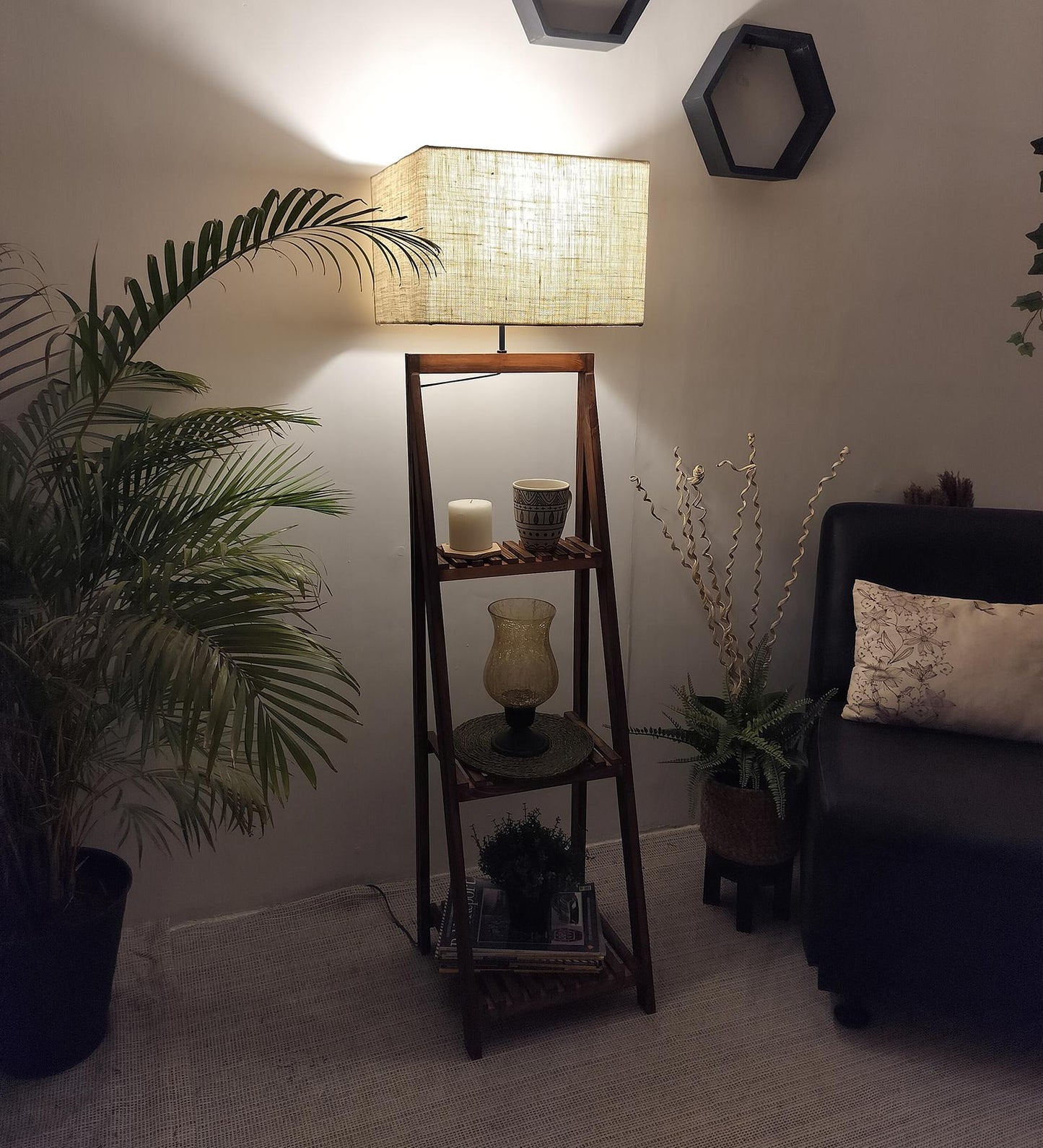 Cold Wooden Floor Lamp with Brown Base and Jute Fabric Lampshade