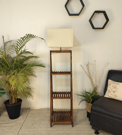 Cold Wooden Floor Lamp with Brown Base and Jute Fabric Lampshade