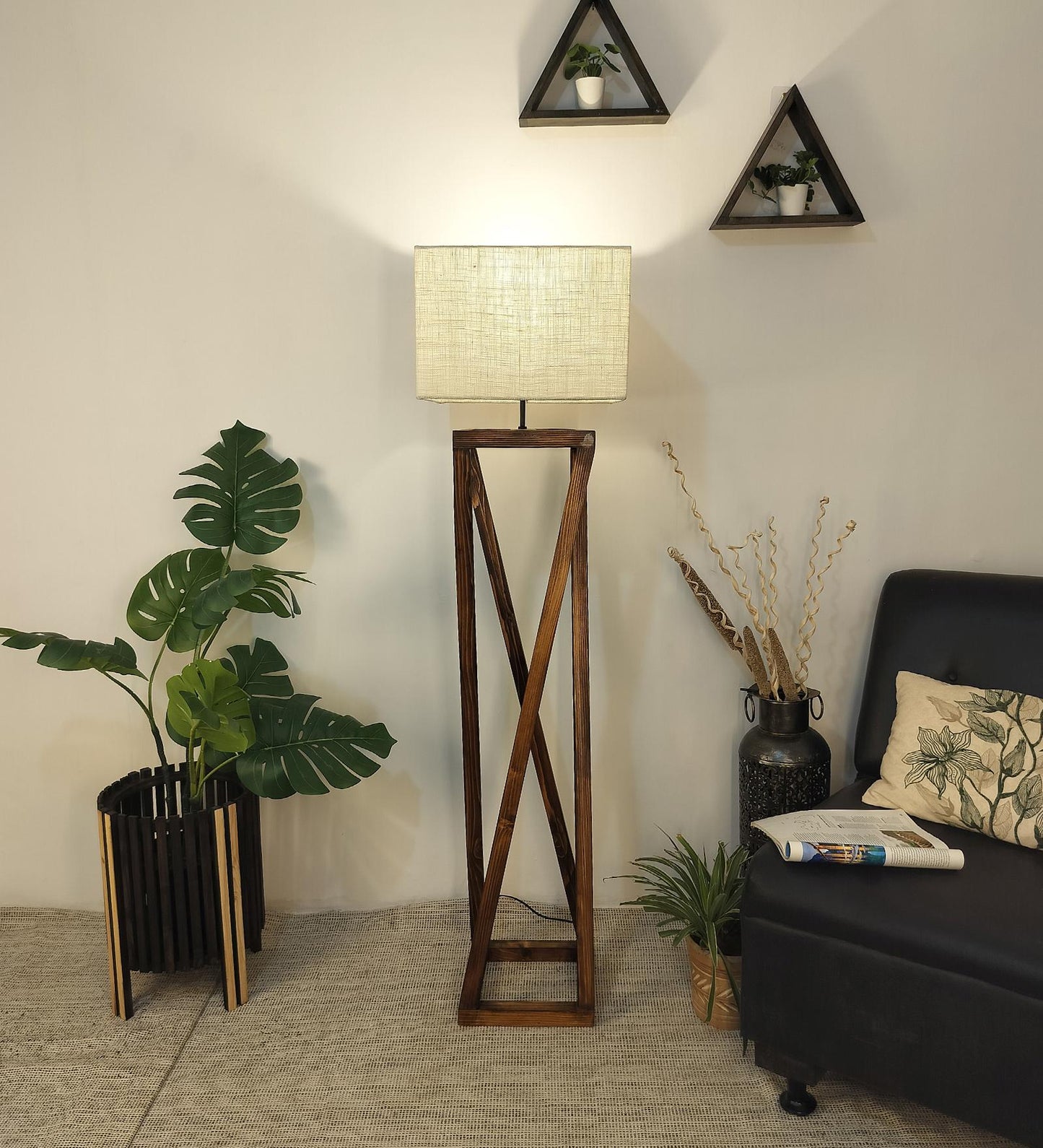 Panic Wooden Floor Lamp with Brown Base and Beige Fabric Lampshade