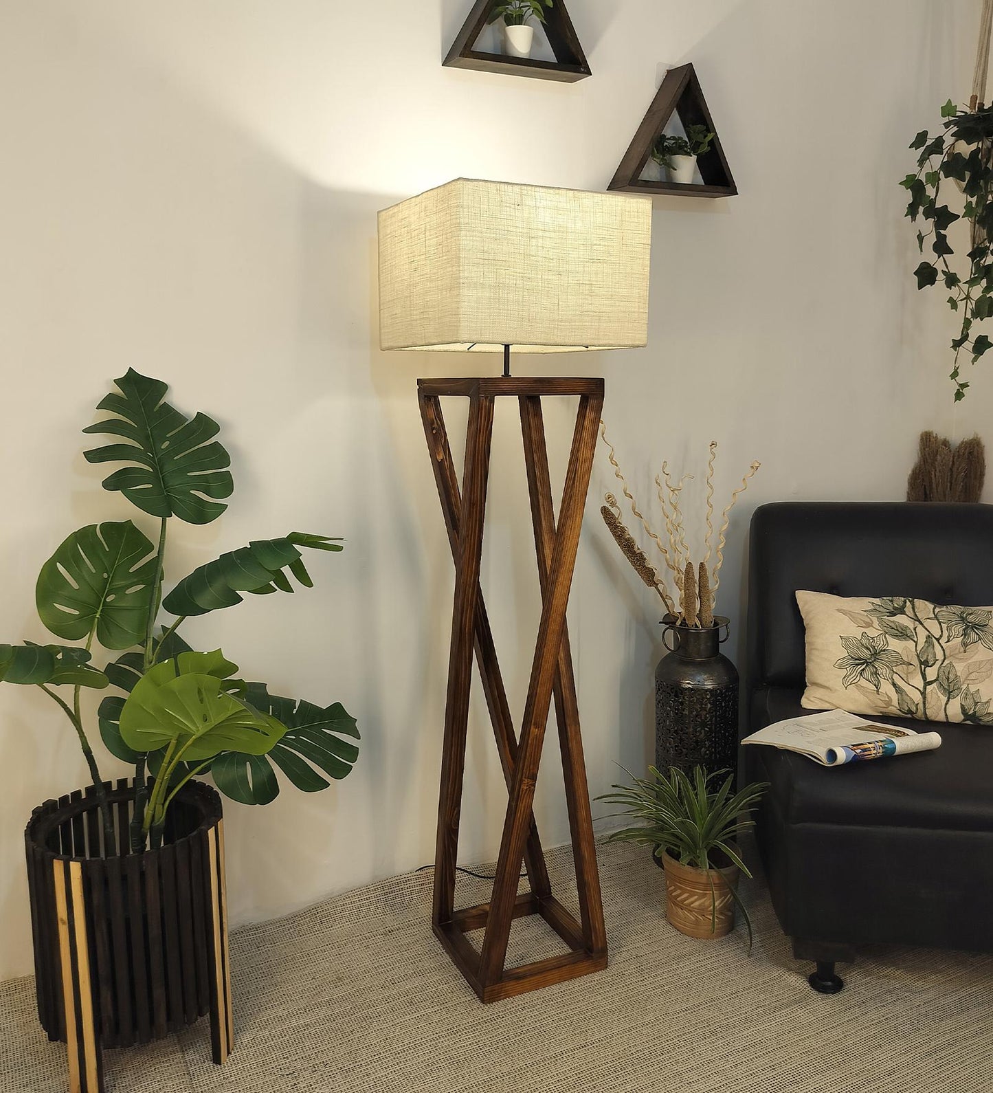 Panic Wooden Floor Lamp with Brown Base and Beige Fabric Lampshade