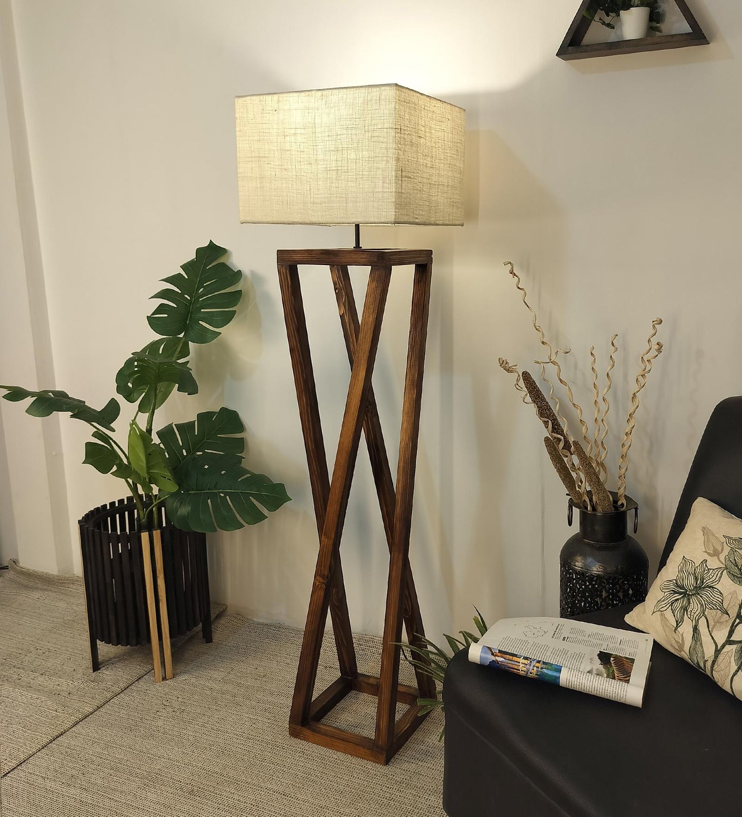 Panic Wooden Floor Lamp with Brown Base and Beige Fabric Lampshade
